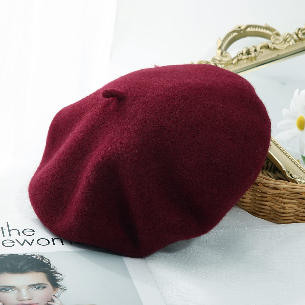 Women French Wool Beret Hats - Solid Color Classic Beanie Winter Cap