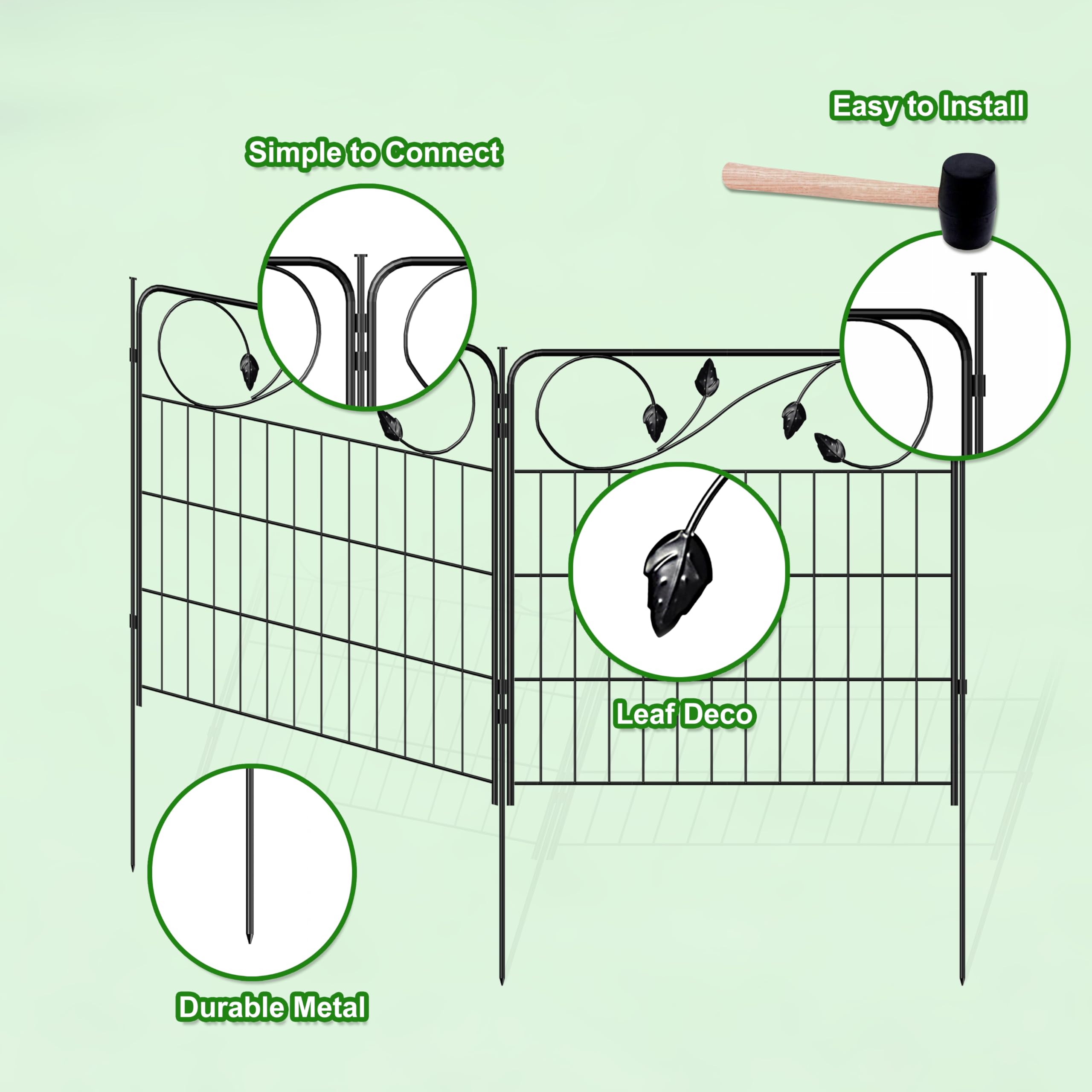 FOREHOGAR Decorative Metal Garden Fence 24in(H) X10ft(L) 5 Panels Leaf Black Rustproof Wire Border Fence for Landscape Patio Flower Bed Garden Fencing Panel Animal Barrier for Dogs