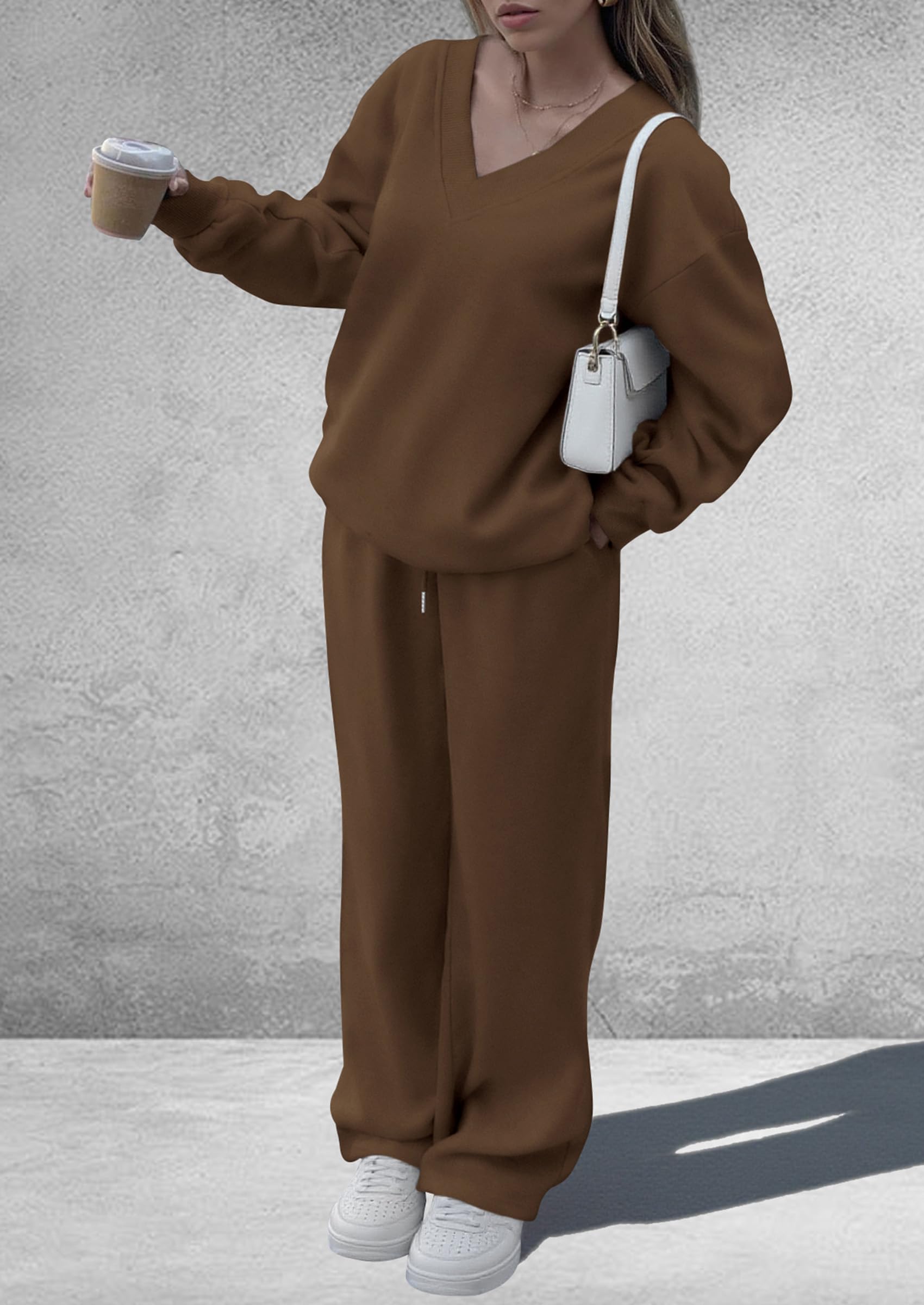 PRETTYGARDEN Casual Winter Two Piece Sets for Women 2026 V Neck Sweatshirt Loose Wide Leg Pants Tracksuit Knit Fall Outfits
