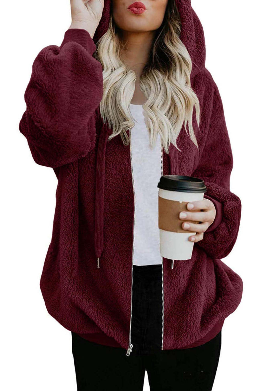 ReachMe Womens Oversized Sherpa Jacket Fuzzy Fleece Zip Up Hoodies with Pockets Warm Fall Outfits Winter Coats