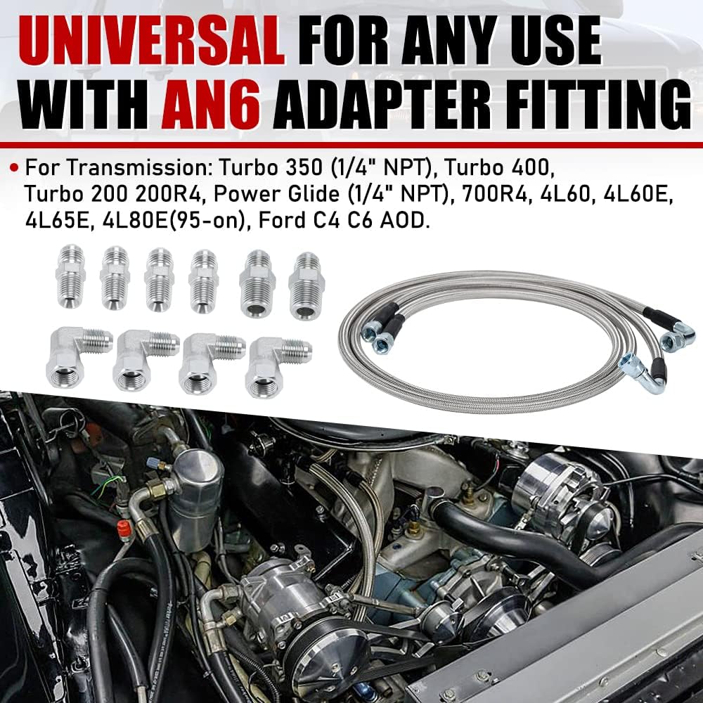 6AN 52" Transmission Fluid Oil Cooler Hose Line kit for GM Chevy Ford GMC Buick Cadillac Cars and Trucks Stainless Steel Braided PTFE Hose
