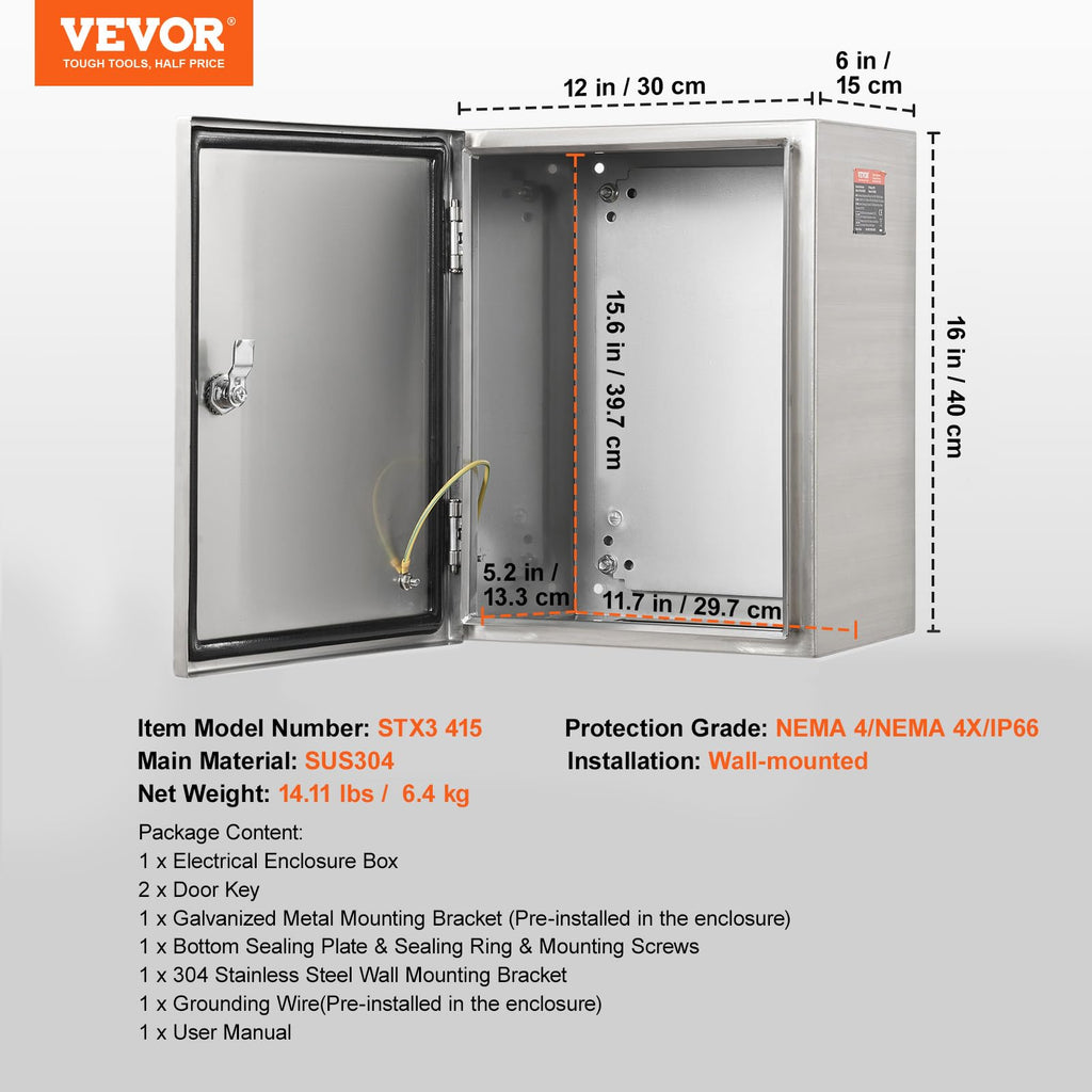 Steel Electrical Box 12" x 12" x 8" Electrical Enclosure Box 304 Stainless Steel Electronic Equipment Enclosure Box IP65 Weatherproof Wall-Mounted Metal Electrical Enclosure with Mounting Plate