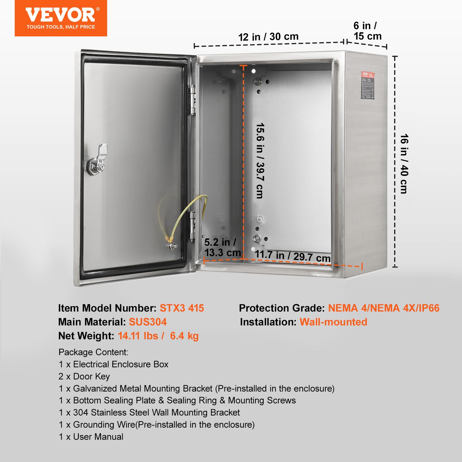Steel Electrical Box 12" x 12" x 8" Electrical Enclosure Box 304 Stainless Steel Electronic Equipment Enclosure Box IP65 Weatherproof Wall-Mounted Metal Electrical Enclosure with Mounting Plate