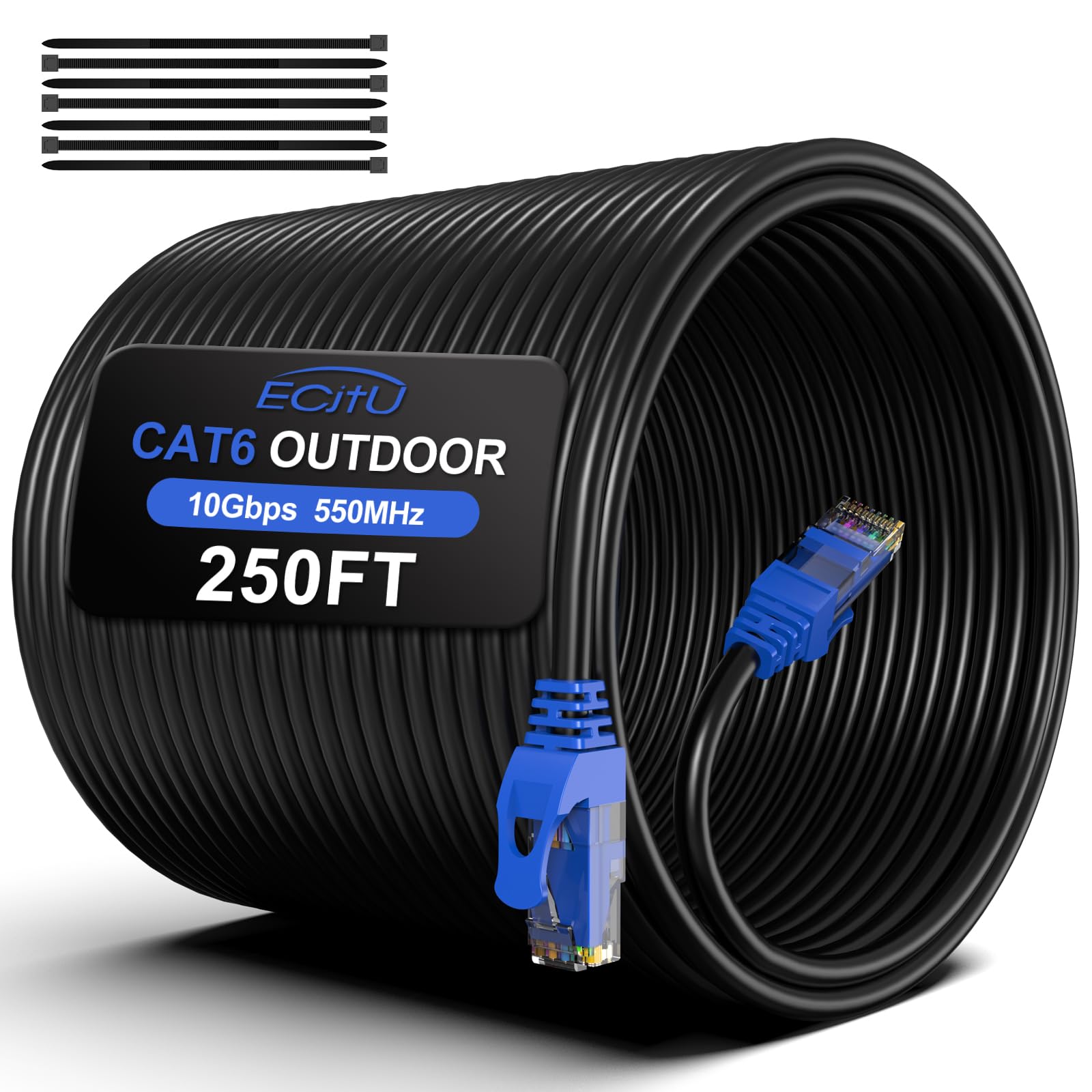 20FT Cat6 Outdoor Ethernet Cable, In-Ground, Heavy Duty Direct Burial, 24AWG CCA Patch Cord, PoE, UTP, Waterproof, LLDPE UV Resistant, Network, Internet, LAN, Cat 6 Cable 20 Feet with 25 Cable Ties