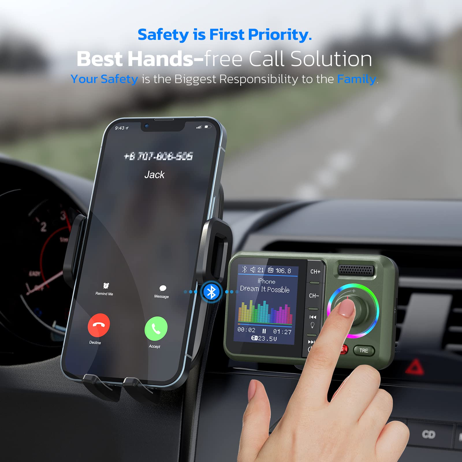 Nulaxy Bluetooth FM Transmitter for Car, Wireless Car Bluetooth V5.0 Adapter with Big Color Screen, Support QC3.0 Fast Charging, Hands-Free Call, MP3 Music Player BASS&TRE Booster, TF Card AUX-KM28