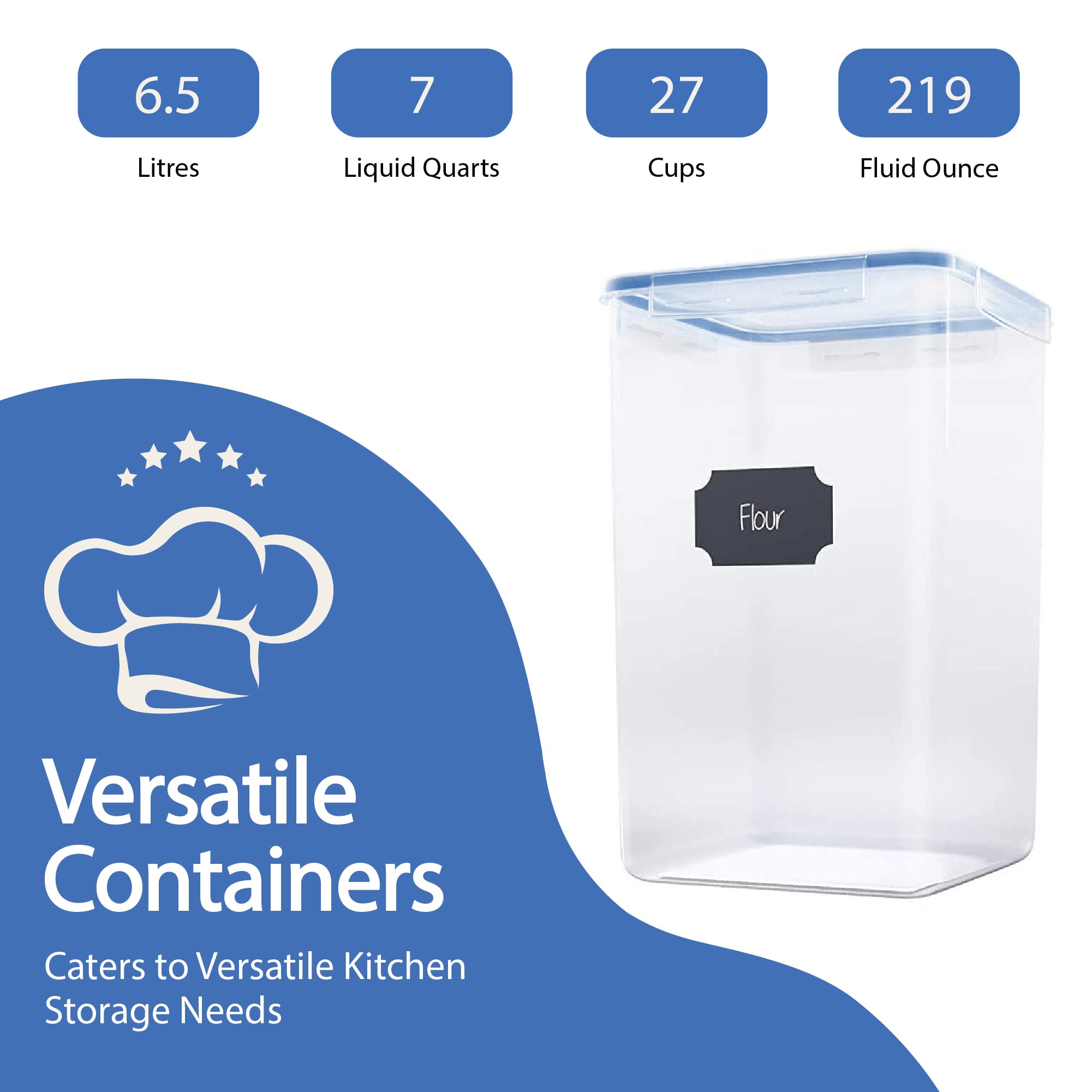 Chef's Path Kitchen Storage Box Set of 4 Extra Large Airtight Food Storage Jars for Sugar Flour Cereal Rice - Measuring Spoons, Pen and Food Preservation Labels (5.2 L)