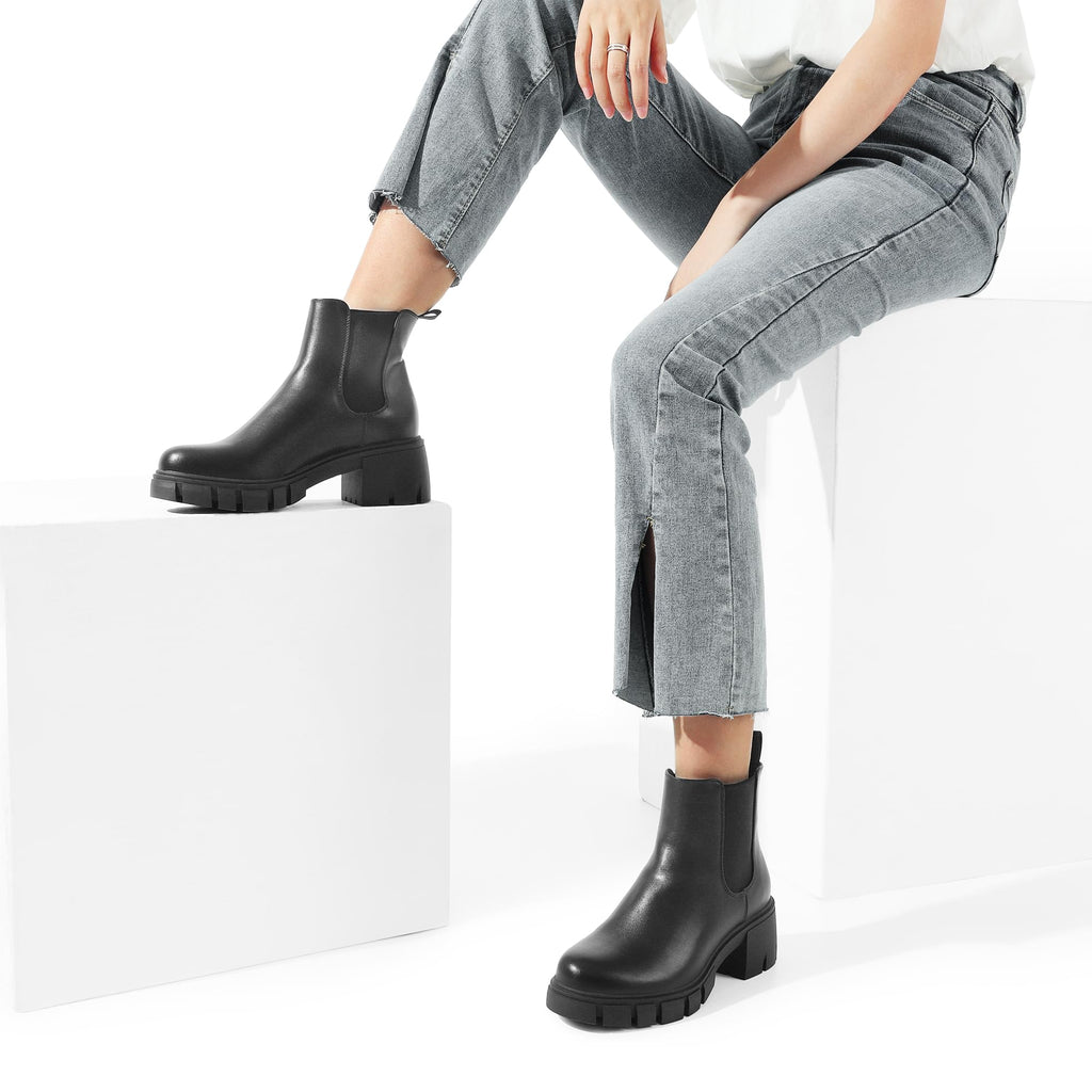 DREAM PAIRS Women's Elastic Chelsea Ankle Boots Platform Low Chunky Block Heel Lug Sole Slip on Fall Heeled Booties Shoes