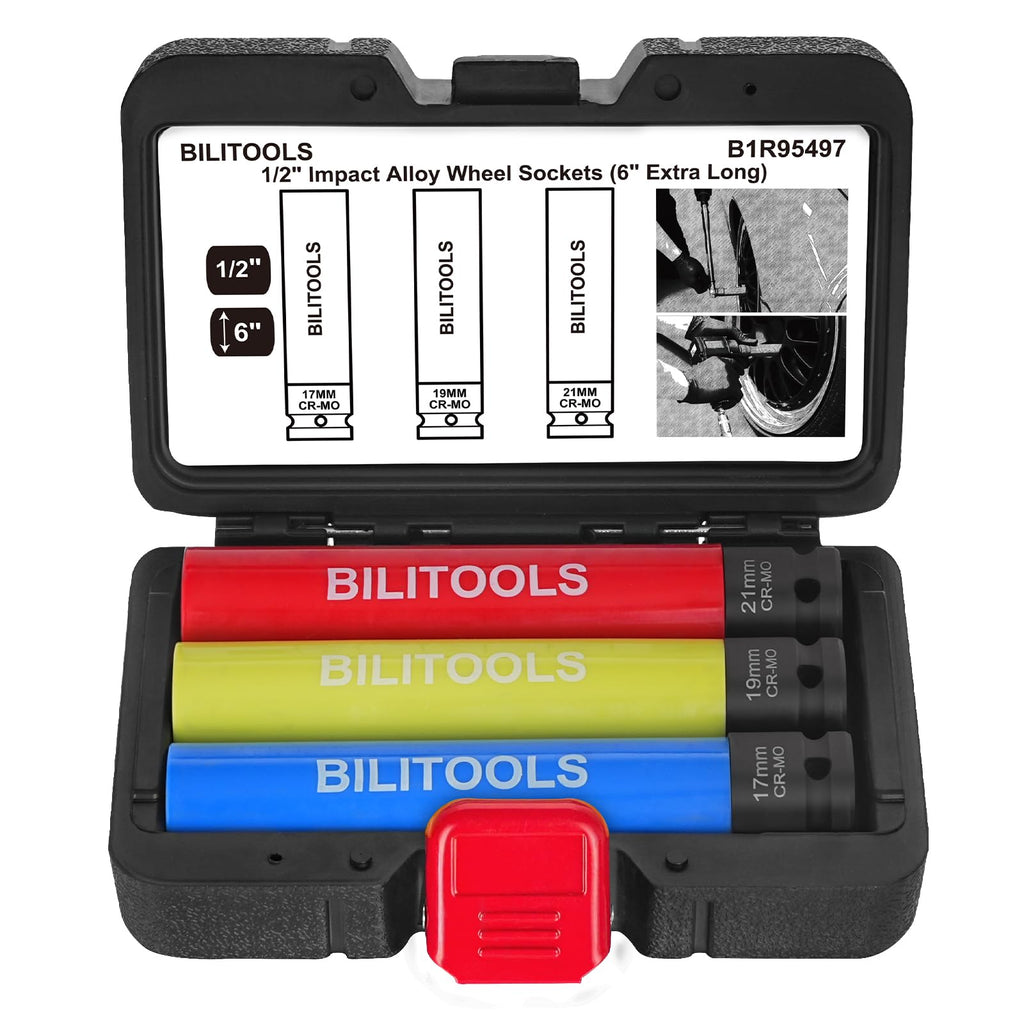 BILITOOLS 1/2 inch Drive Impact Lug Nut Socket Set, 15 17 19 21 22 MM Non-Marring Thin Wall Wheel Protector Nut Socket