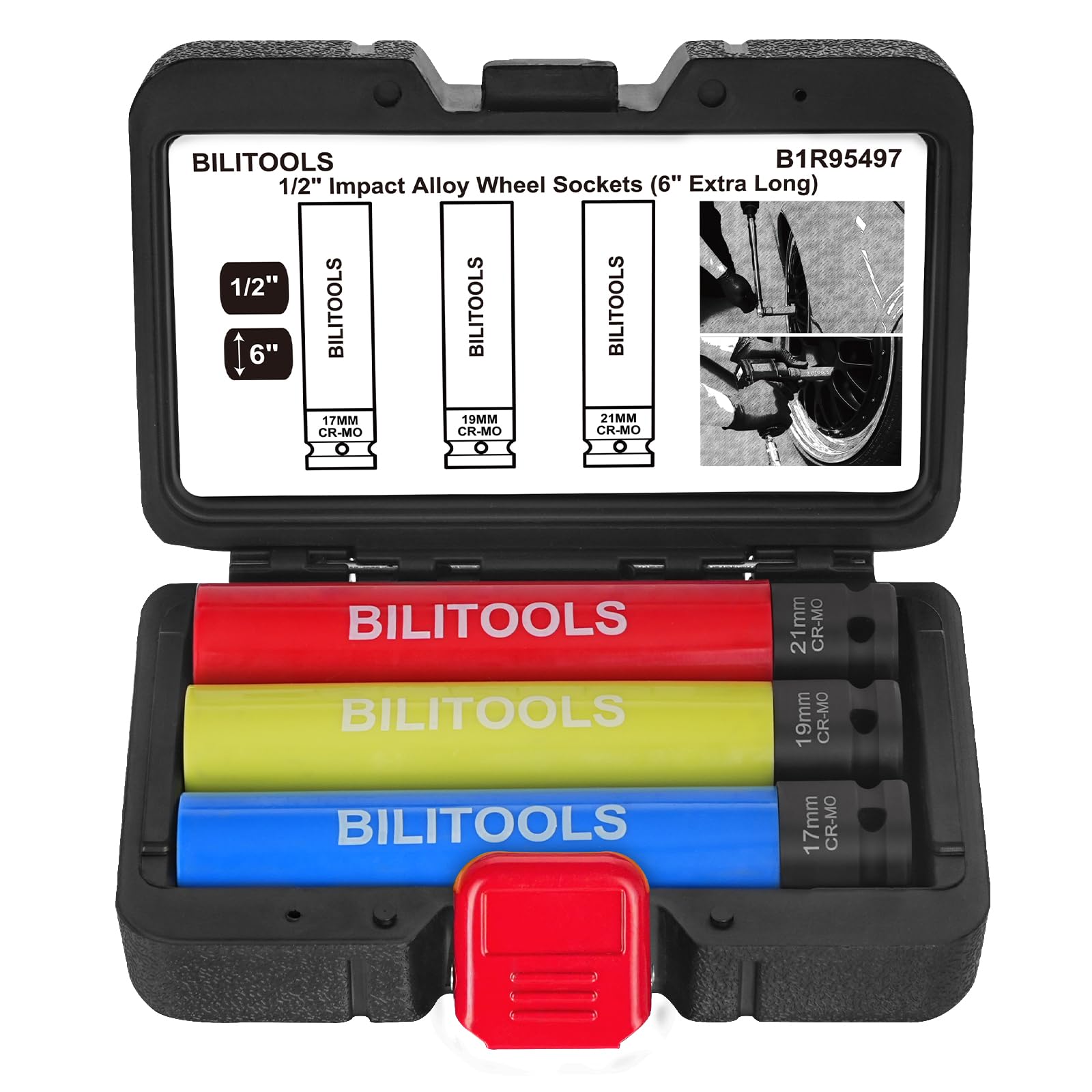 BILITOOLS 1/2 inch Drive Impact Lug Nut Socket Set, 15 17 19 21 22 MM Non-Marring Thin Wall Wheel Protector Nut Socket