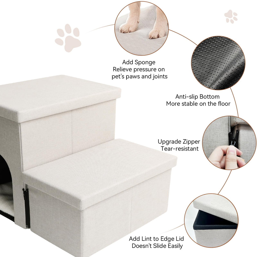 Zerbuger Dog Stairs with Condo 15" H, 2-Step Wider Dog Steps for Small/Medium/Large Old Dogs Cats, Folding Sturdy Storage Pet Stairs Climbing Bed Couch, Ramp for Car Hold Up to 150 lbs, Beige