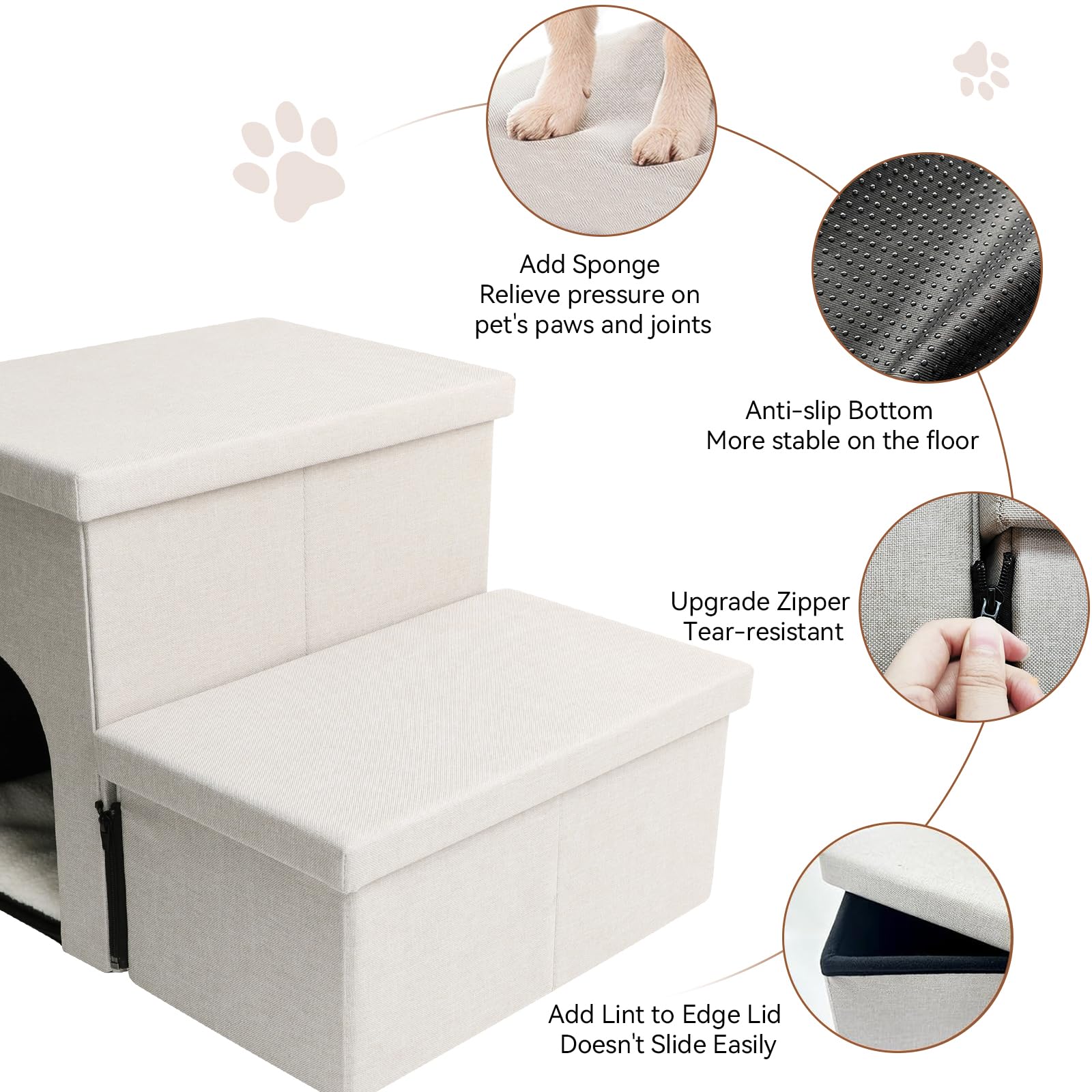 Zerbuger Dog Stairs with Condo 15" H, 2-Step Wider Dog Steps for Small/Medium/Large Old Dogs Cats, Folding Sturdy Storage Pet Stairs Climbing Bed Couch, Ramp for Car Hold Up to 150 lbs, Beige