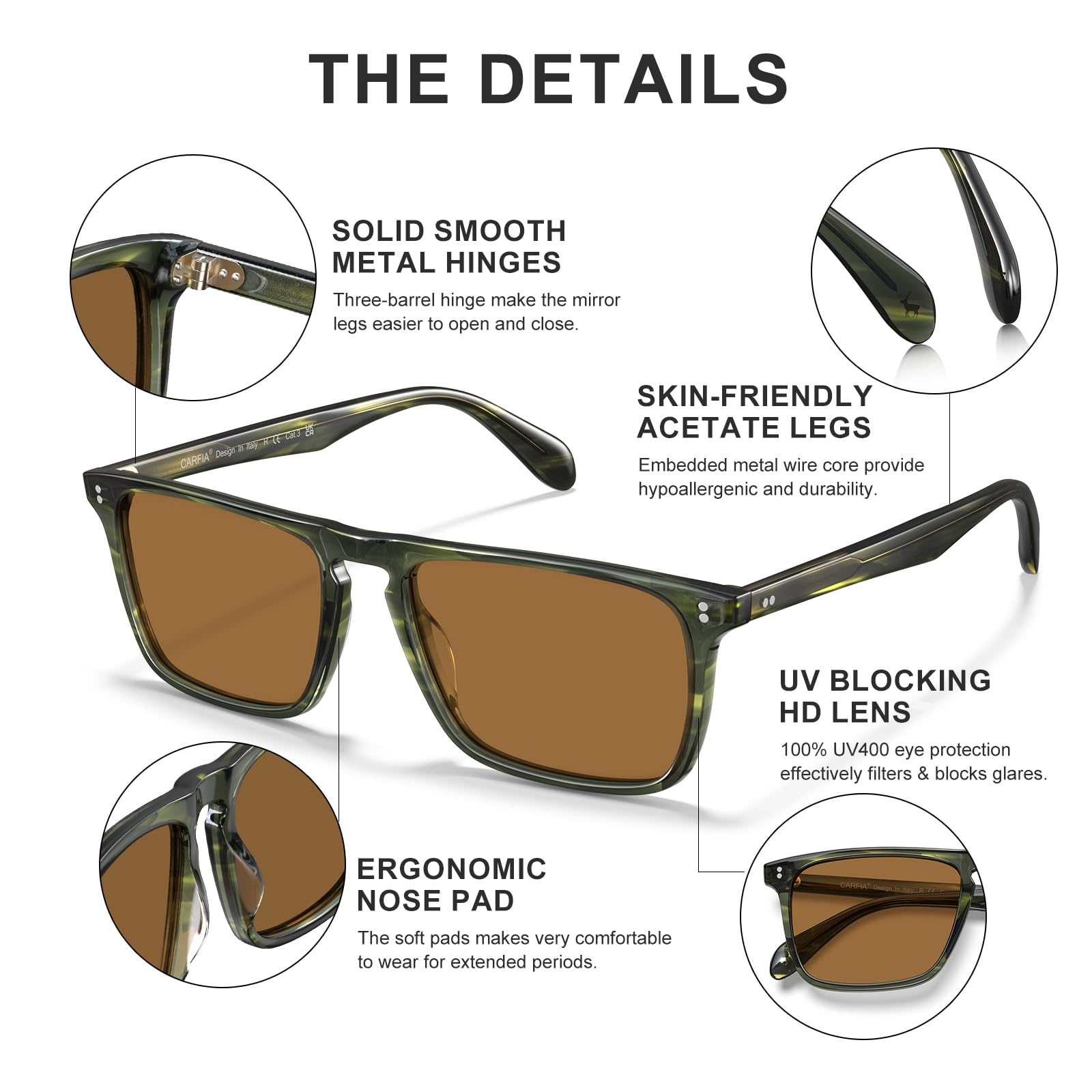 CARFIA Retro Polarized Sunglasses for Men UV Protection Hand-crafted Acetate Frame Fashion Cool Sun Glasses CA53572