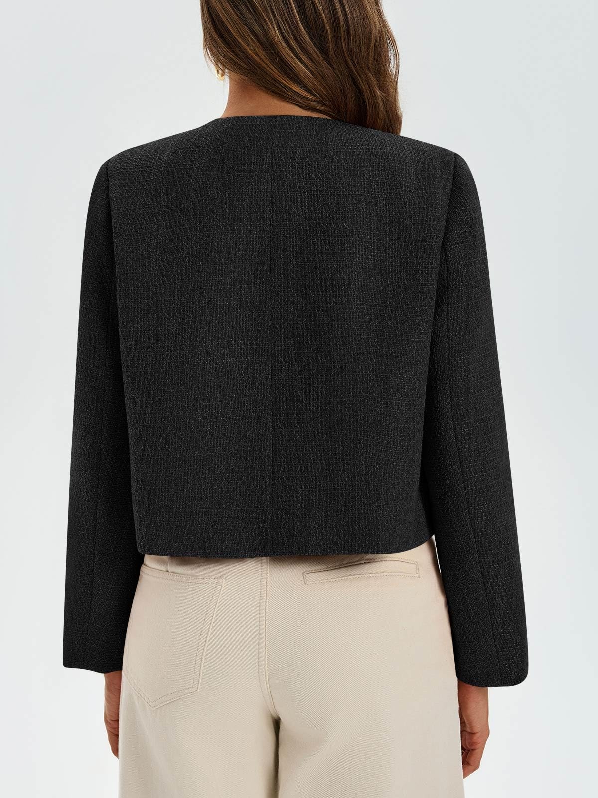 Cicy Bell Womens Cropped Tweed Blazer Collarless Button Down Bomber Jacket Business Casual Fall Outfits