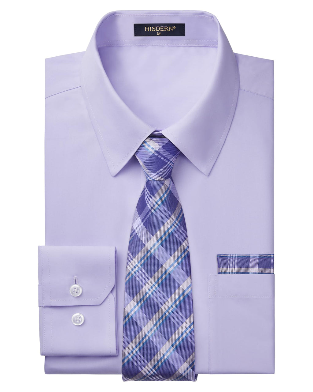 HISDERN 503 Mens Dress Shirt Slim Fit Long Sleeve Button Down Wrinkle Free Set with Tie Pocket Square Formal Business Wedding