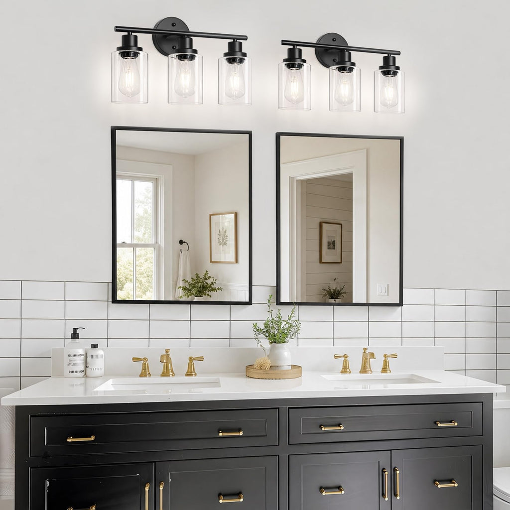 Unicozin 2 Pack Modern Bathroom Light Fixtures, 3 Light Vanity Lights, Black Wall Lamp with Clear Glass for Bathroom, Mirror, Living Room, Bedroom, Hallway, E26 Base