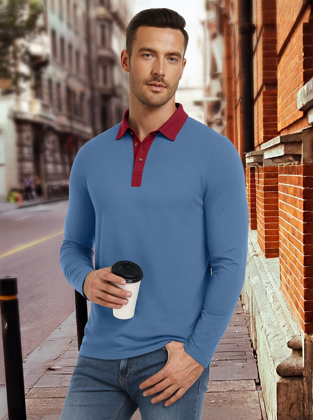PEGENO Mens Polo Short/Long Sleeve Shirt Classic Button Basic Solid Color Designed Collared Polo Shirt Fashion Casual Shirts