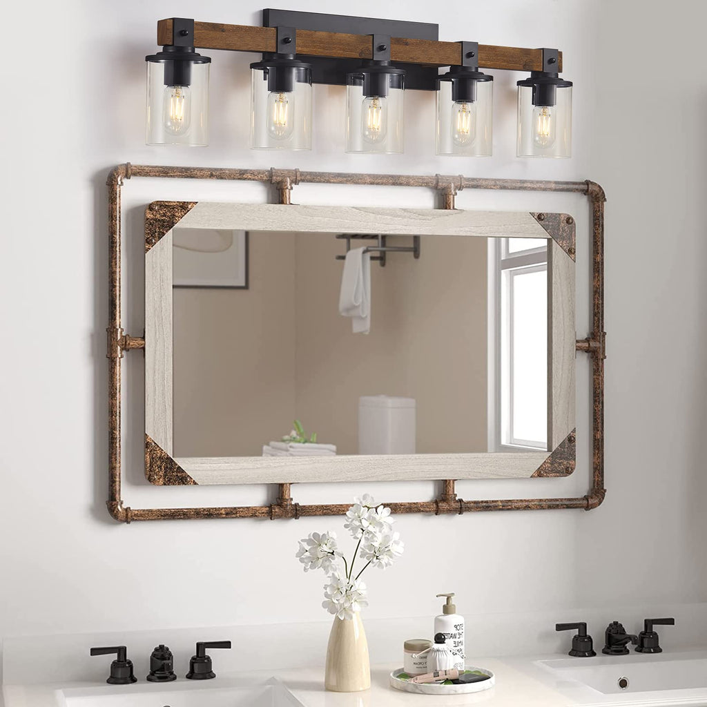 DUJAHMLAND Farmhouse Vanity Light Fixture,3-Light Bathroom Wood Wall Light Over Mirror with Clear Glass Shade, Rustic Vintage Wall Sconce Lighting.(Antique Wood, 3-Light)