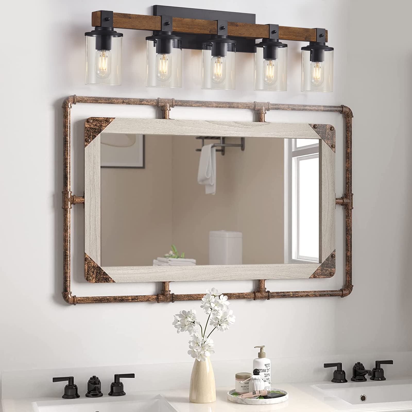 DUJAHMLAND Farmhouse Vanity Light Fixture,3-Light Bathroom Wood Wall Light Over Mirror with Clear Glass Shade, Rustic Vintage Wall Sconce Lighting.(Antique Wood, 3-Light)