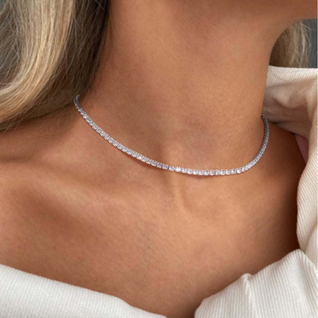 Robaice Tennis Necklace for Women, 14K Gold/Silver Plated Rhinestone Choker Necklace for Women, Dainty Cubic Zirconia Cut Faux Diamond Chain