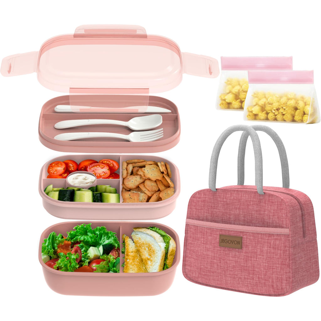 JBGOYON® Bento Lunch Box Set - 3 Stackable Containers for Adults and Kids- Includes Lunch Bag, Leak-Proof and BPA-Free - Built-in Utensil Set and Snack Bag - Dishwasher Safe(Grey Black)