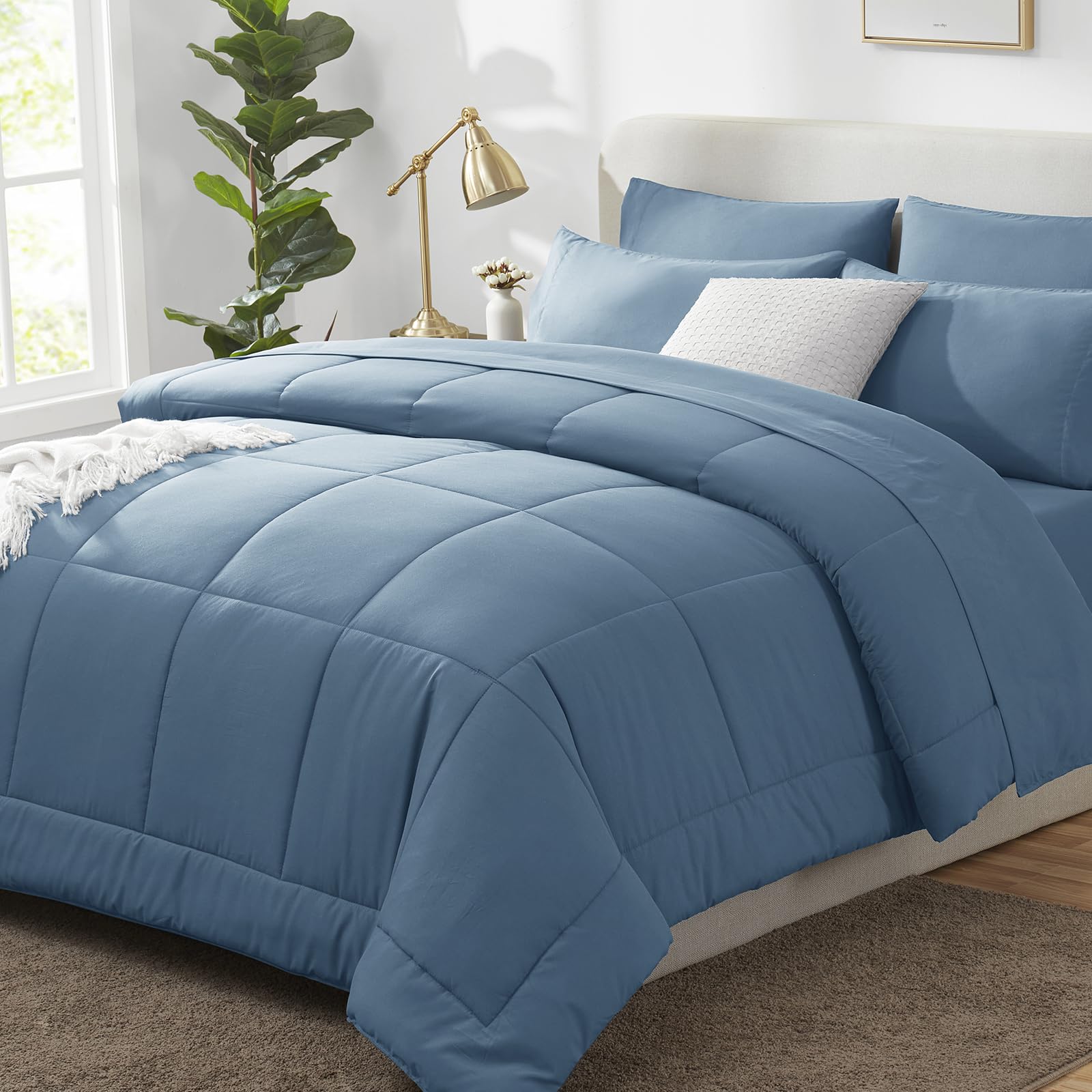 CozyLux Twin XL Comforter Set Baby Blue, 5 Pieces Twin Extra Long Bed in a Bag for College Dorm, All Season Bedding Set with Stitch Quilted Comforter, Flat Sheet, Fitted Sheet, Pillowcases