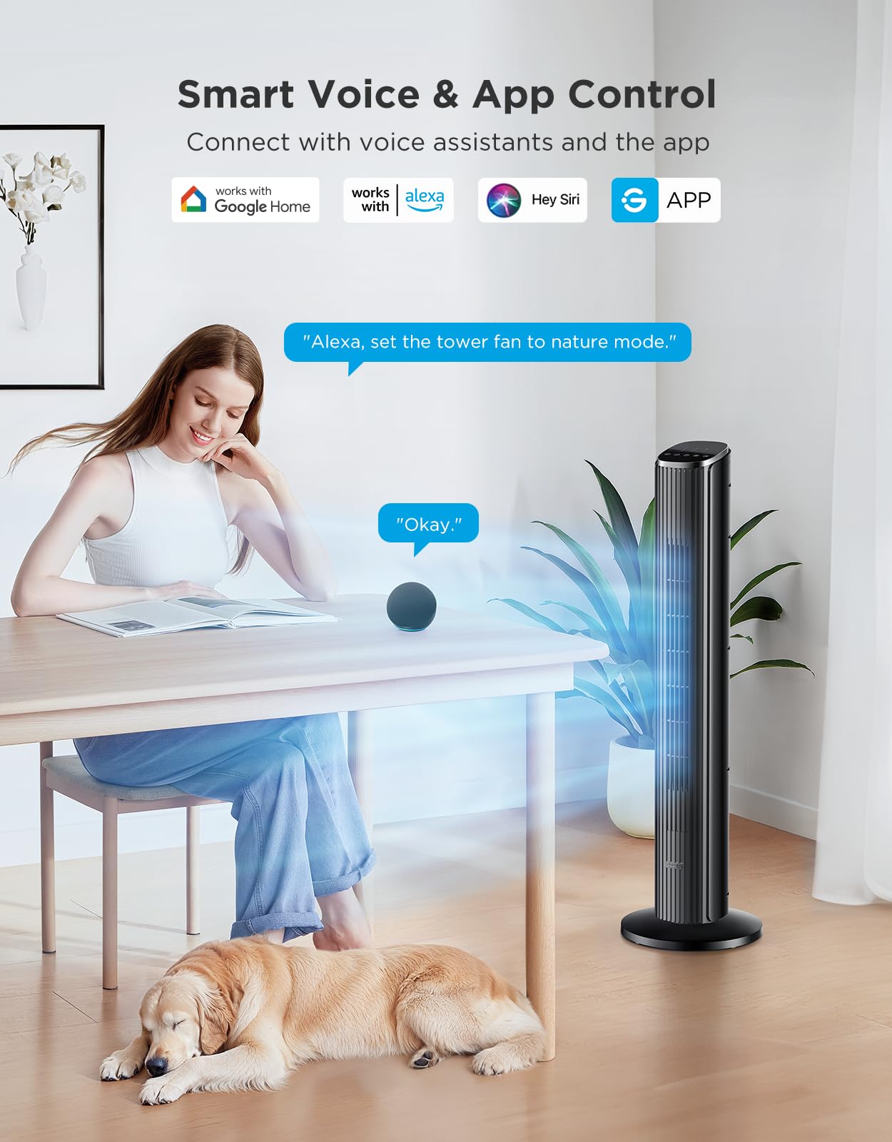 GoveeLife White Tower Fan for Bedroom, 36" Smart Floor Fan with App/Voice Control, Temperature Sensor, 5 Modes 8 Speeds(25ft/s), 29dB Quiet Oscillating Fan for Office, 24H Timer, Auto Cooling