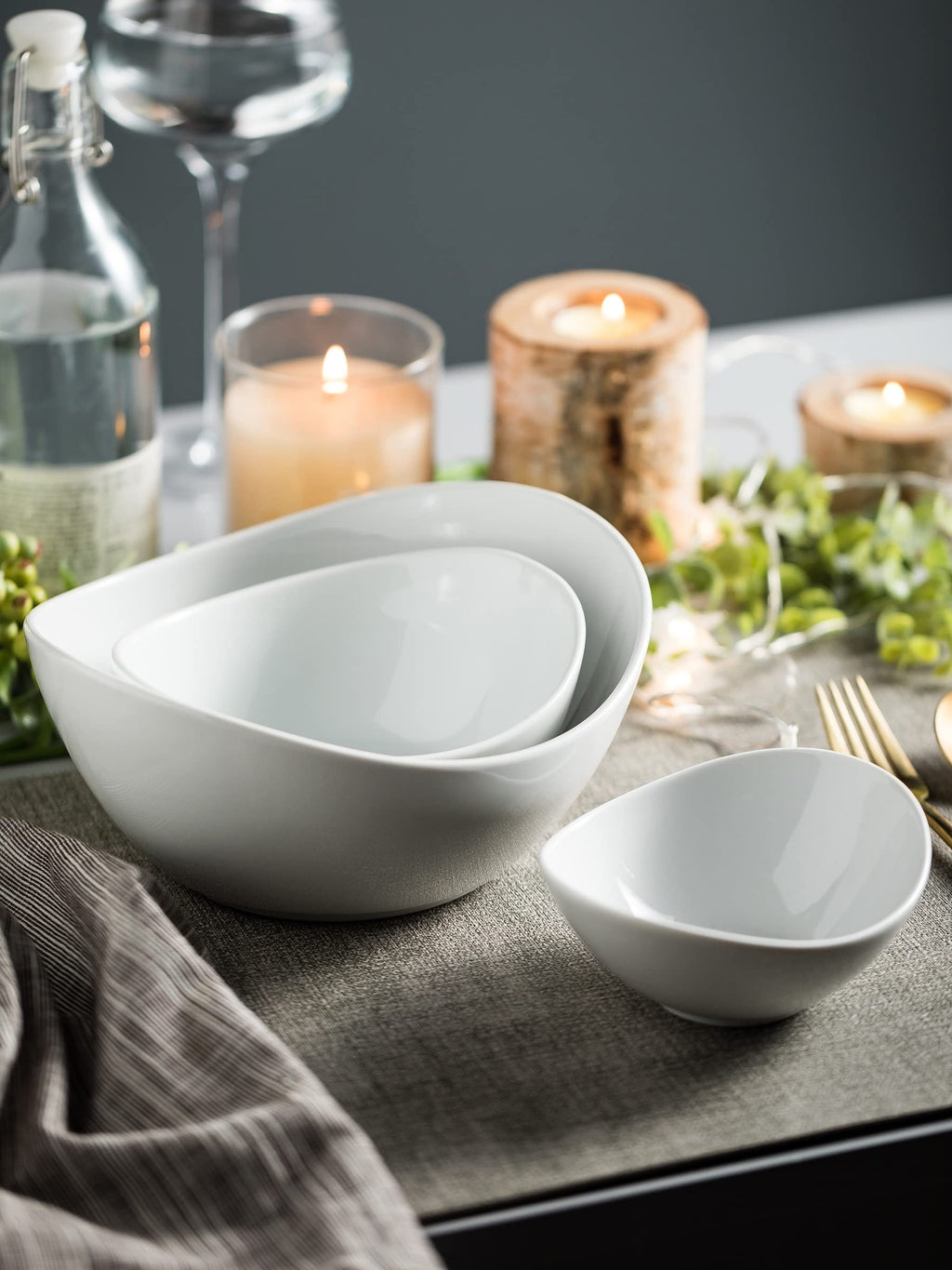 Miamolo 3 Tier Serving Bowls with Stand for Entertaining Party | Ceramic, Chip and Dip Set | Food Display for Fruit Salad Snacks | Space-saving Storage | Microwave & Dishwasher Safe