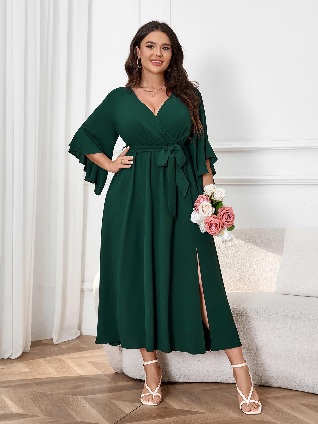 Womens Plus Size Dress Wedding Guest Cocktail Ruffle Half Sleeve Wrap V Neck Slit A Line Maxi Dresses with Belt