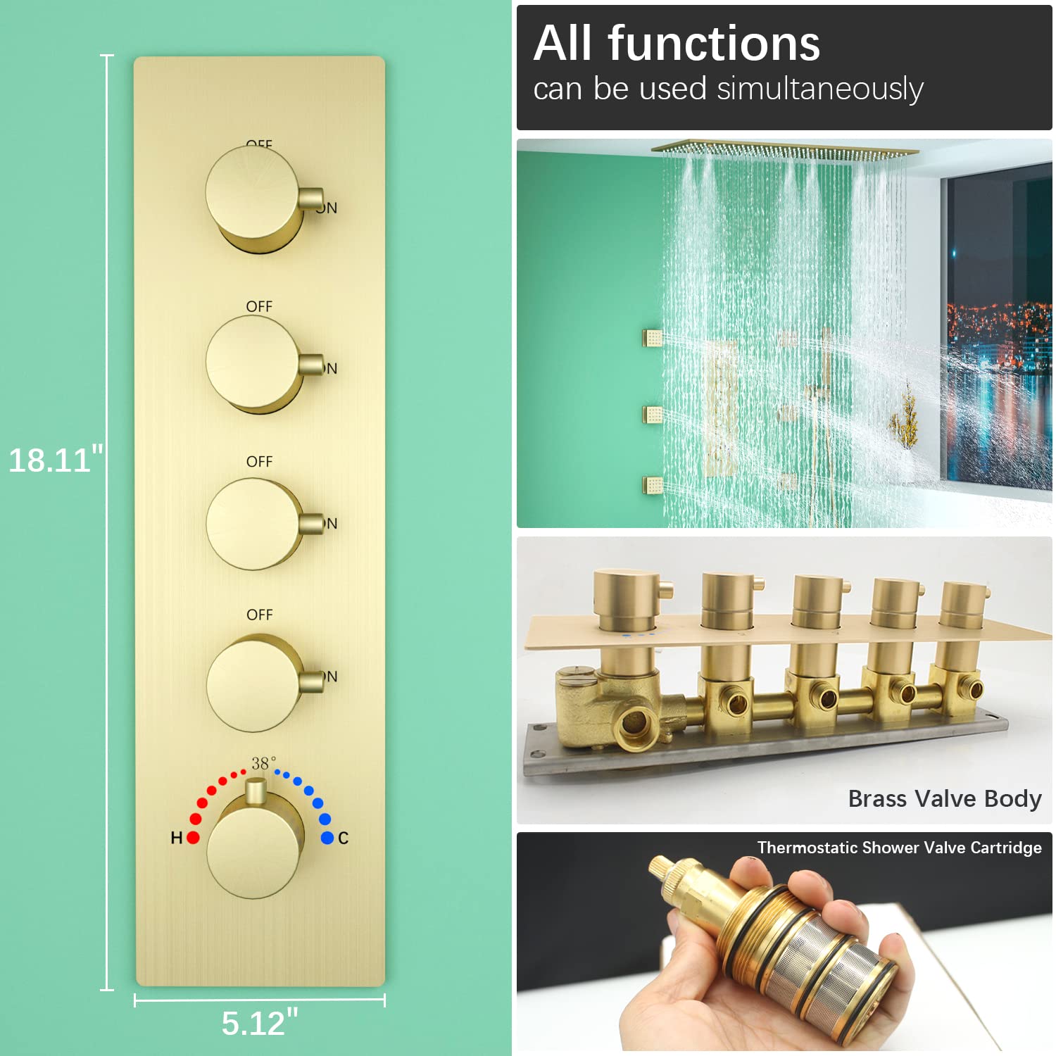 HOMEDEC 2 Way Shower Diverter Valve Brass Dual Functions Thermostatic Shower Mixing Valve Kit 3 Handle Flow Control Valve, 3/4 Inch Inlet, Can Use All Options At a Time, Matte Black