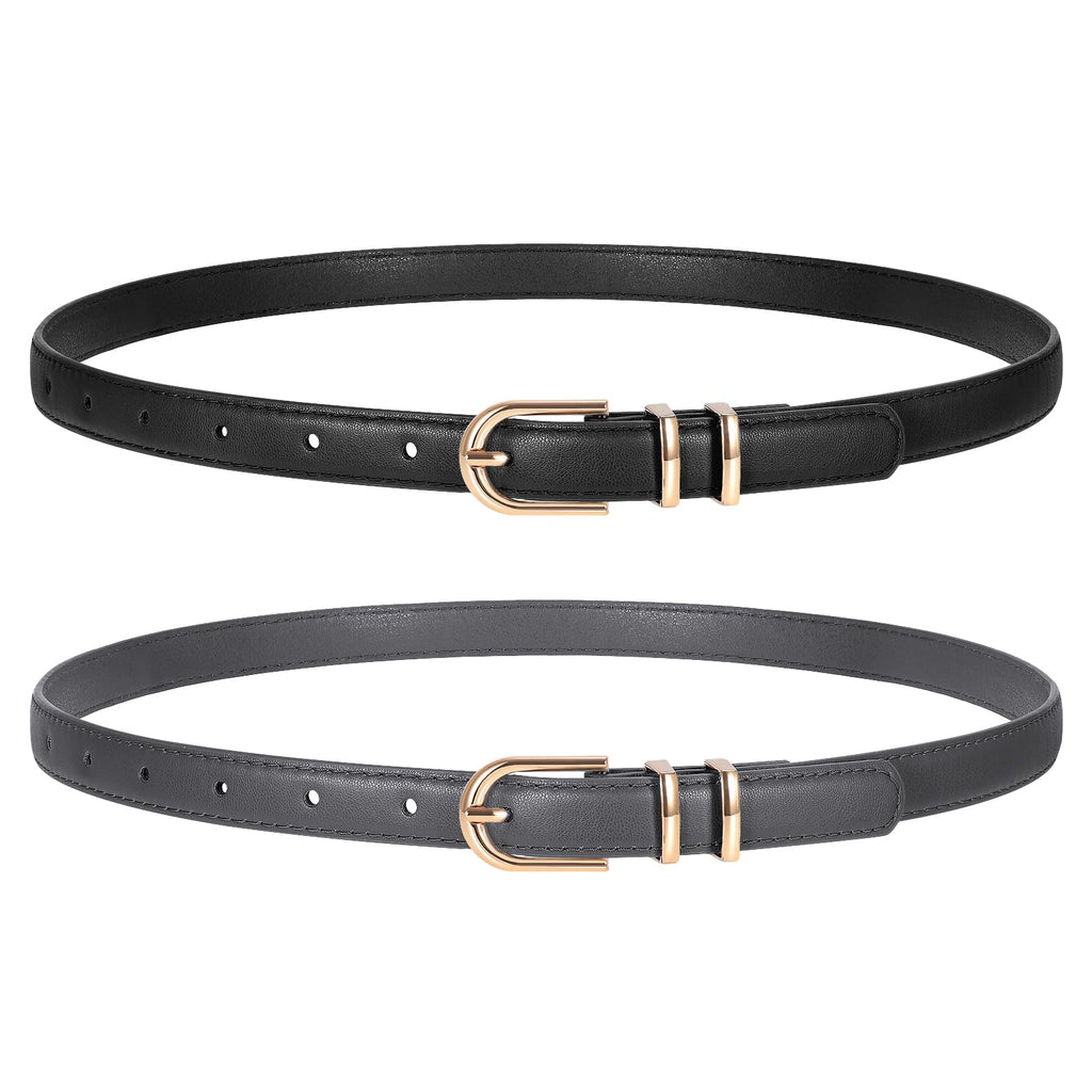 TRIWORKS 2 Pack Women Skinny Leather Belts for Jeans Pants Thin Faux Leather Belt with Gold Buckle