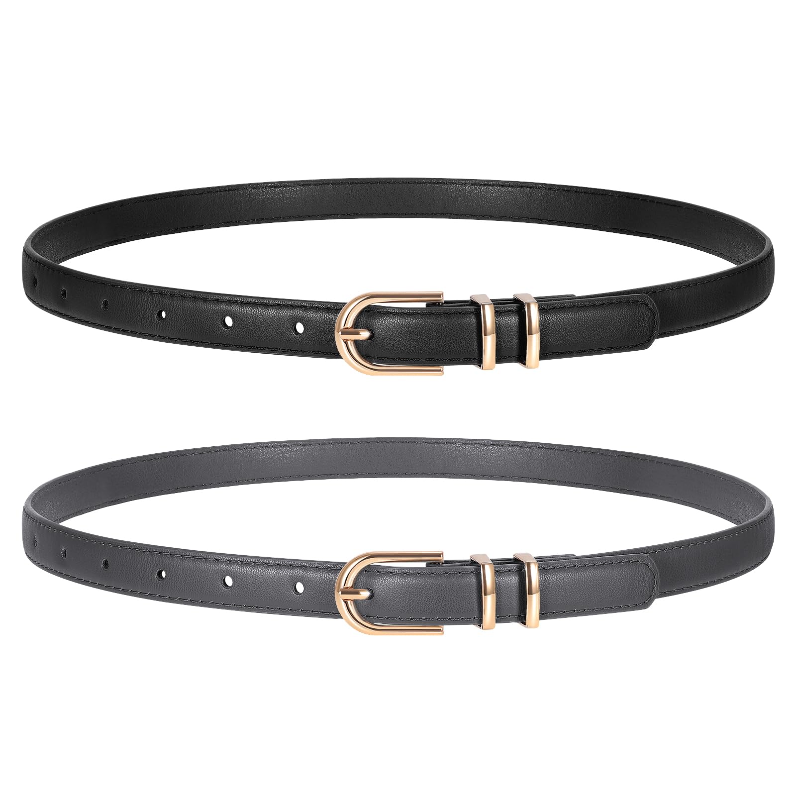 TRIWORKS 2 Pack Women Skinny Leather Belts for Jeans Pants Thin Faux Leather Belt with Gold Buckle