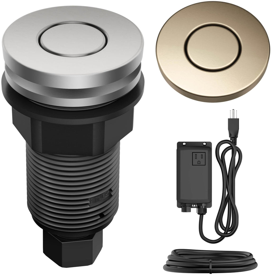 KRAUS Garbage Disposal Air Switch Kit with 2 Flat-Top Push Buttons in in Spot-Free Stainless Steel and Brushed Brass, AC Adapter, Power Cord, and Air Tube Included, KWDA-200BB