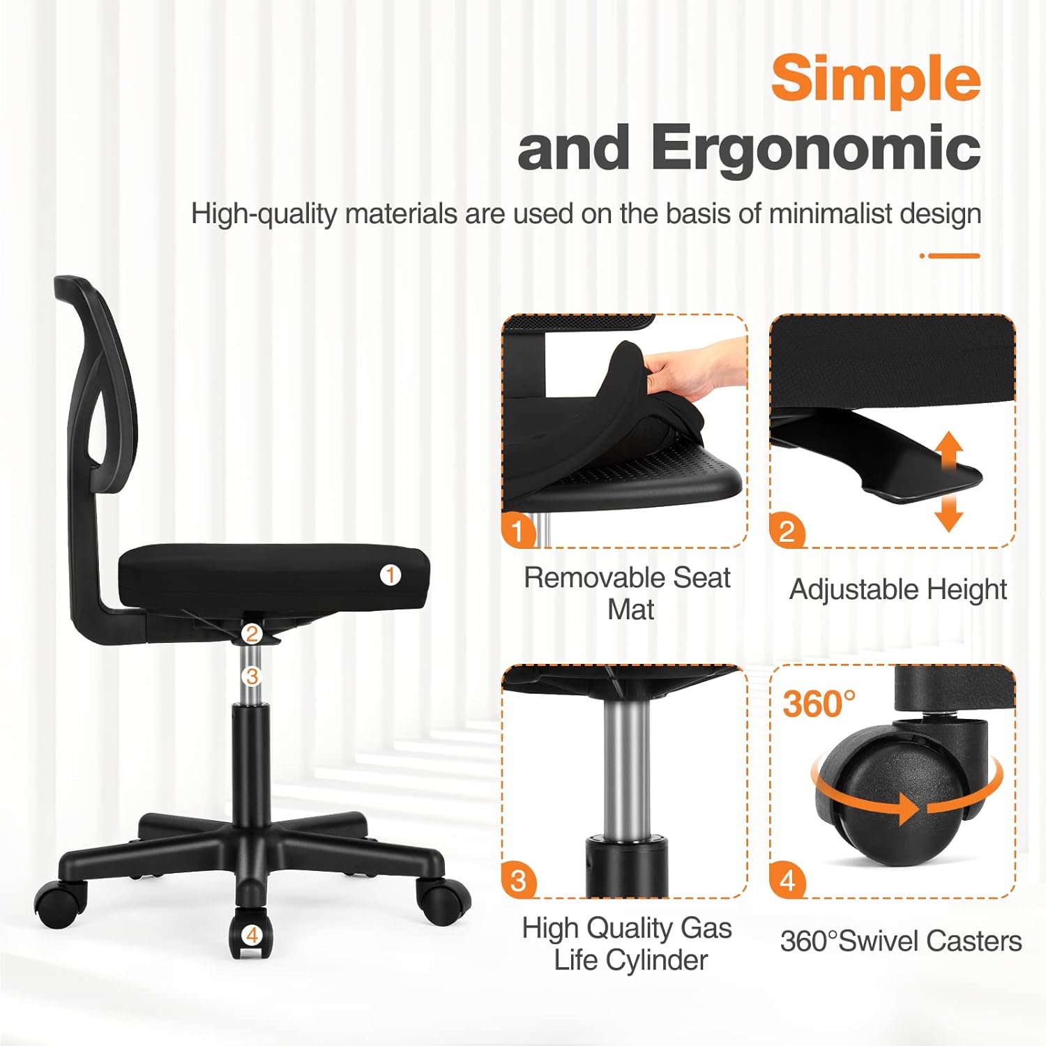 Sweetcrispy Office Computer Desk Chair, Ergonomic Low-Back Mesh Rolling Work Swivel Chairs with Wheels, Armless Comfortable Seat Lumbar Support for Home, Bedroom, Study, Student, Adults, Black