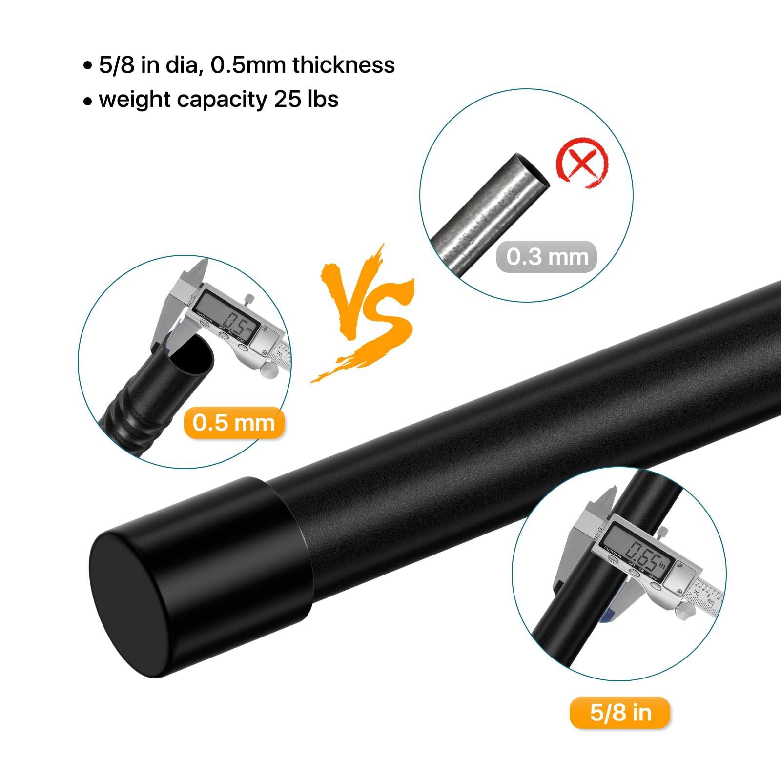 Curtain Rods for Windows, Single Adjustable 32 to 48 inch Curtain Rod Set with Brackets, 5/8 inch Diameter Metal Drapery Rod for Bedroom, Kitchen, Heavy Duty, Black