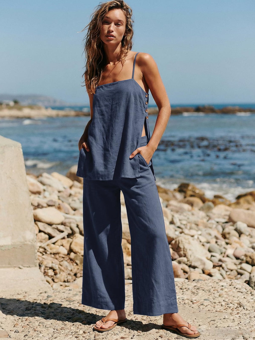 Dokuritu Linen Sets for Women 2 Piece Summer Spaghetti Strap Top Wide Leg Pant Set Beach Vacation Travel Outfits with Pockets