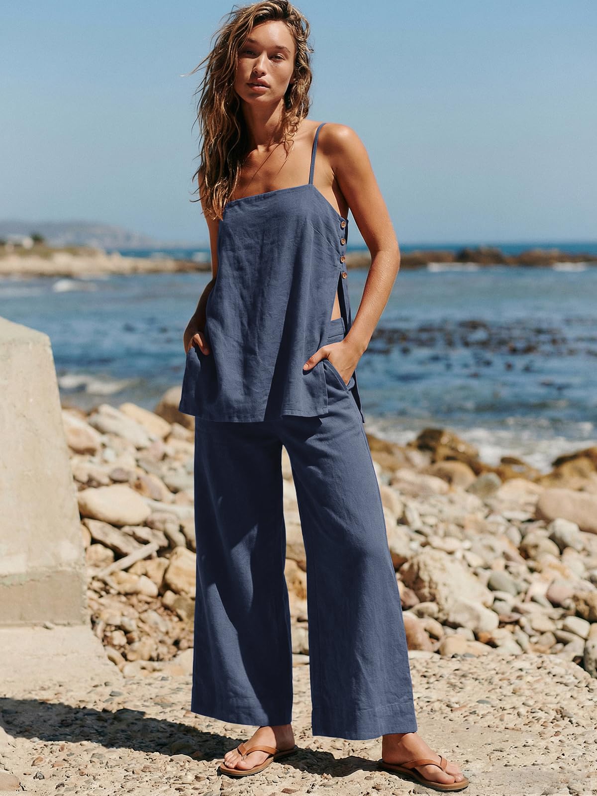 Dokuritu Linen Sets for Women 2 Piece Summer Spaghetti Strap Top Wide Leg Pant Set Beach Vacation Travel Outfits with Pockets