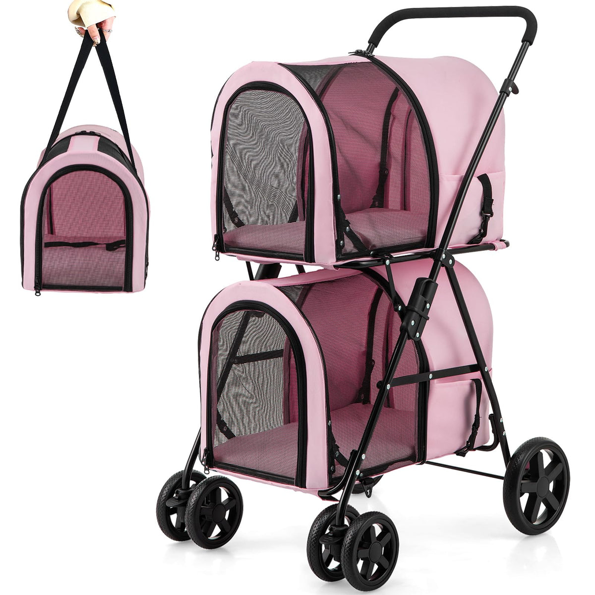Giantex Double Pet Stroller with 2 Detachable Carrier Bags, Safety Belt, 4 Lockable Wheels, Folding Cat & Dog Stroller for Small Medium Pets, Cats Dogs Puppy Travel Strolling Cart (Beige)