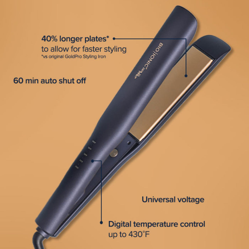 Bio Ionic GoldPro Hair Straightener, Blue, Moisturizing Heat Technology & 24K Gold MX, Hair Straightening Iron for Sleek Styles & Flat Iron Curls, 40% Longer Plates, Adjustable Heat
