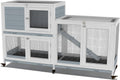 GDLF Two Floors 58" Wooden Indoor Bunny Hutch Rabbit Cage on Wheels Guinea Pig PET House for Small to Medium Animals Waterproof No Leak Tray