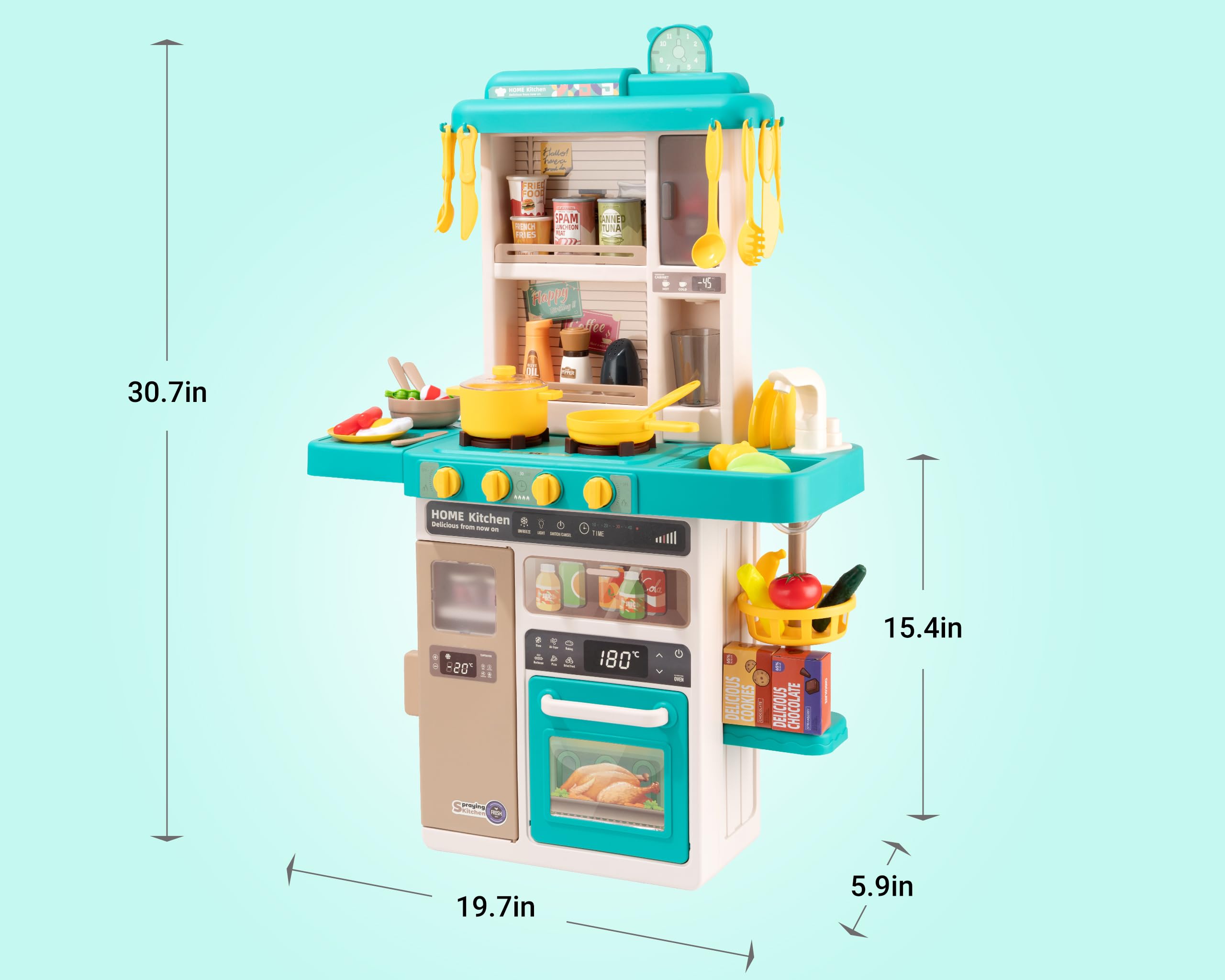 Kids Kitchen Play Set，Interactive Kids Kitchen Play Set with 50Pcs of Pretend Kitchen Toys，Realistic Sound Effects，and Simulated Functionality - Suitable for Toddlers Aged 3-5 Years (Green)