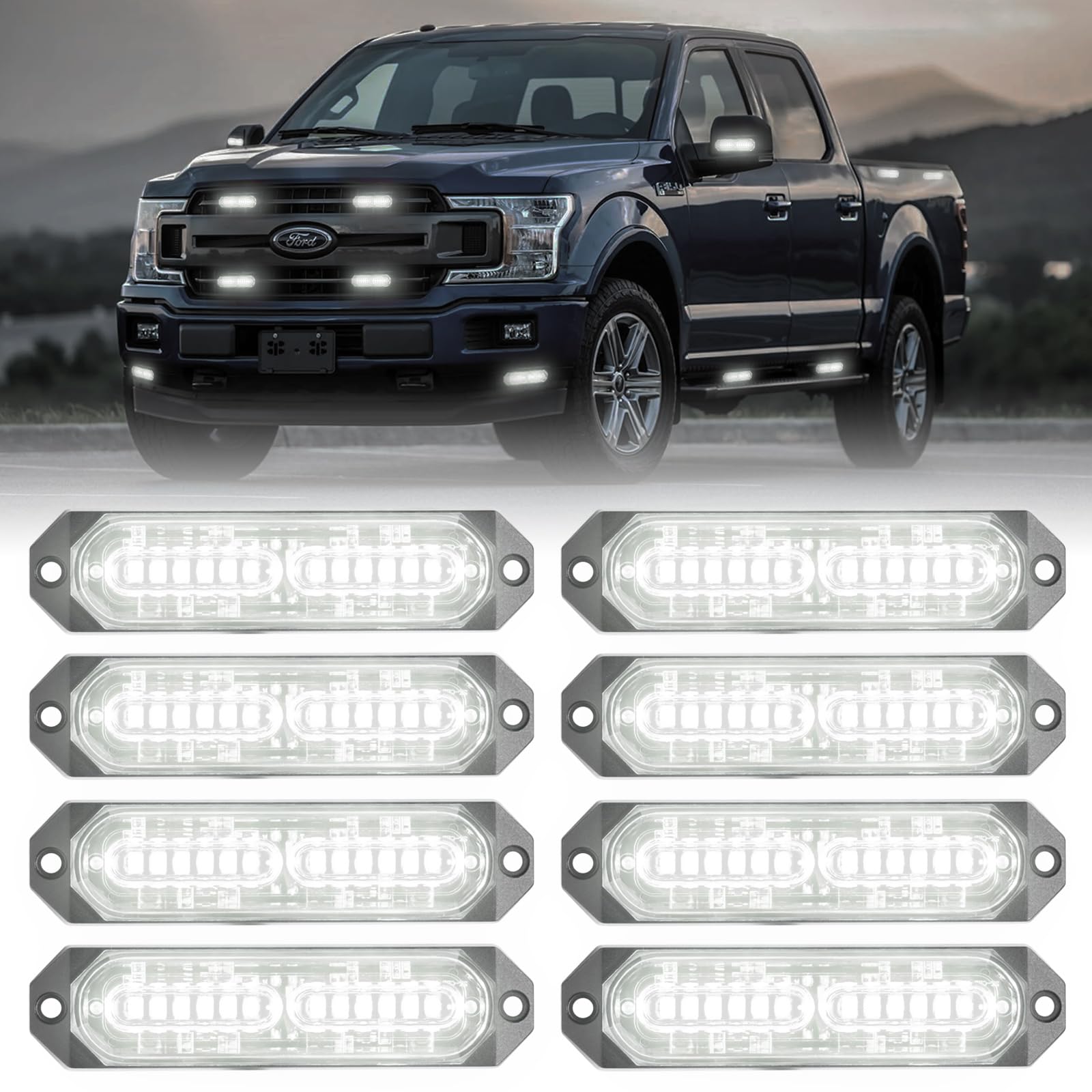 8-Pcs 12 LED Sync Feature Emergency Strobe Grille Lights Ultra Slim Surface Mount Hazard Warning Flashing Light Bar for Firefighter/Construction/Police/Trucks/Vehicles/Car/SUV (Amber/White)