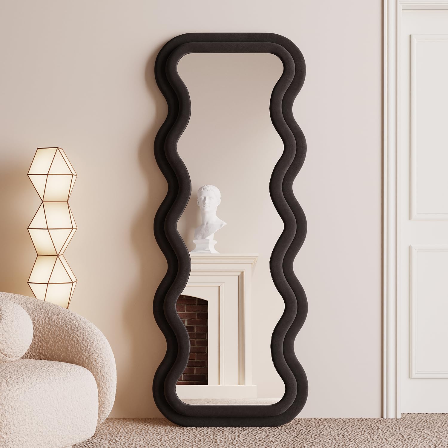 BOJOY Full Length Mirror, 63" x 24" Wall Mirror, Flannel Wrapped Wooden Frame Floor Mirror, Irregular Wavy Mirror Hanging or Leaning Against Wall for Cloakroom/Bedroom/Living Room, Black