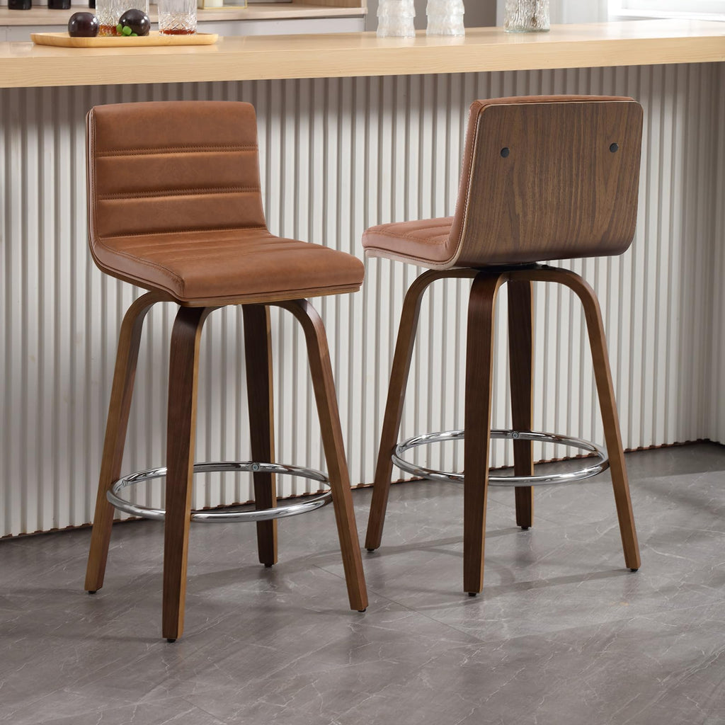 Bar Stools 29 Inch Bar Height, Swivel Bar Stools with Backs Upholstered PU Leather Barstool, L Shape Back and Padded Seat, Mid-Century Modern Bar Stool Pub Chairs for Kitchen Counter Island, Black