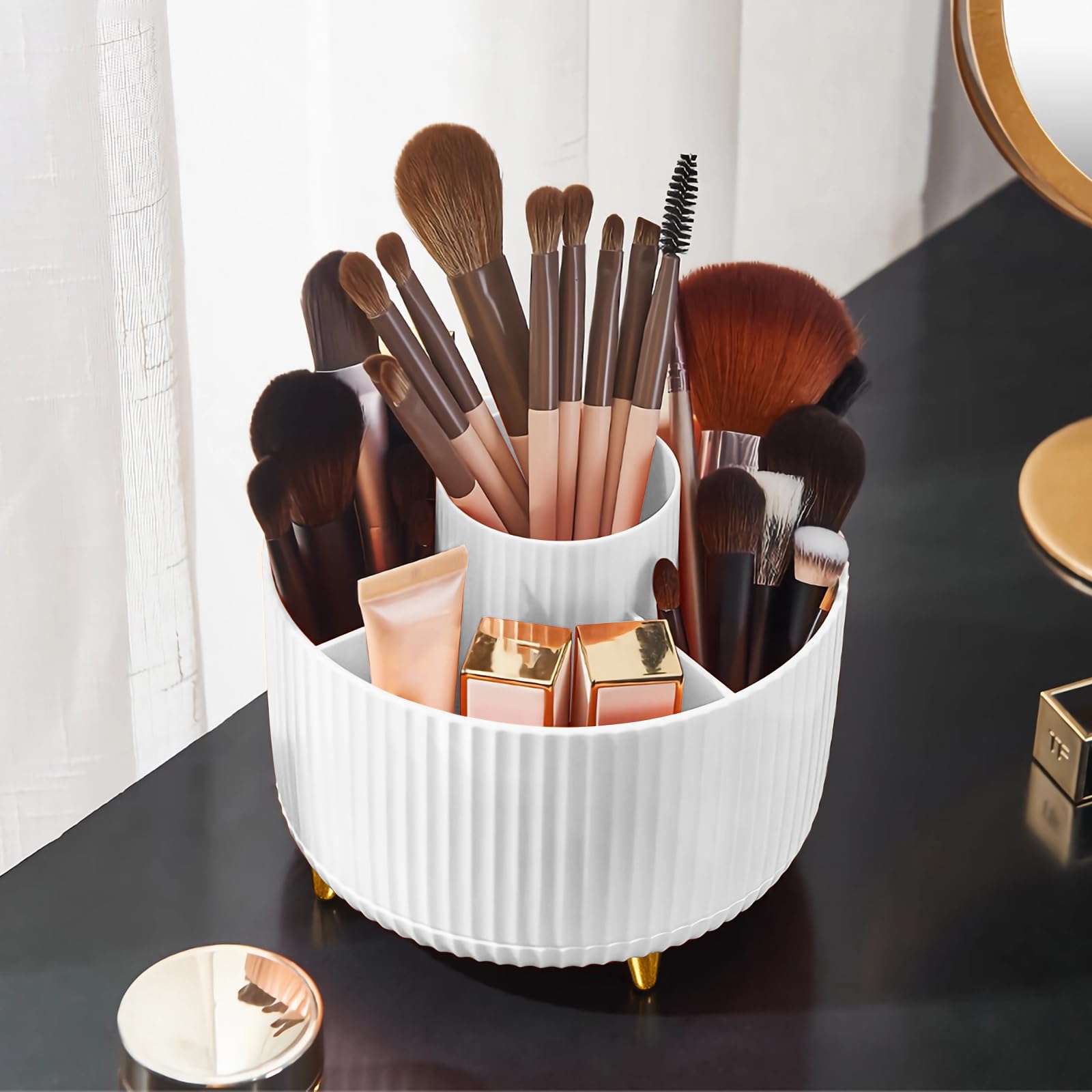 Makeup Brush Holder Organizer,360° Rotating Makeup Brush Organizer,5 Slot Make up Brushes Cup for Cosmetics, Nail Polish, Art Supply, Bathroom Vanity Desktop Organizer - Black