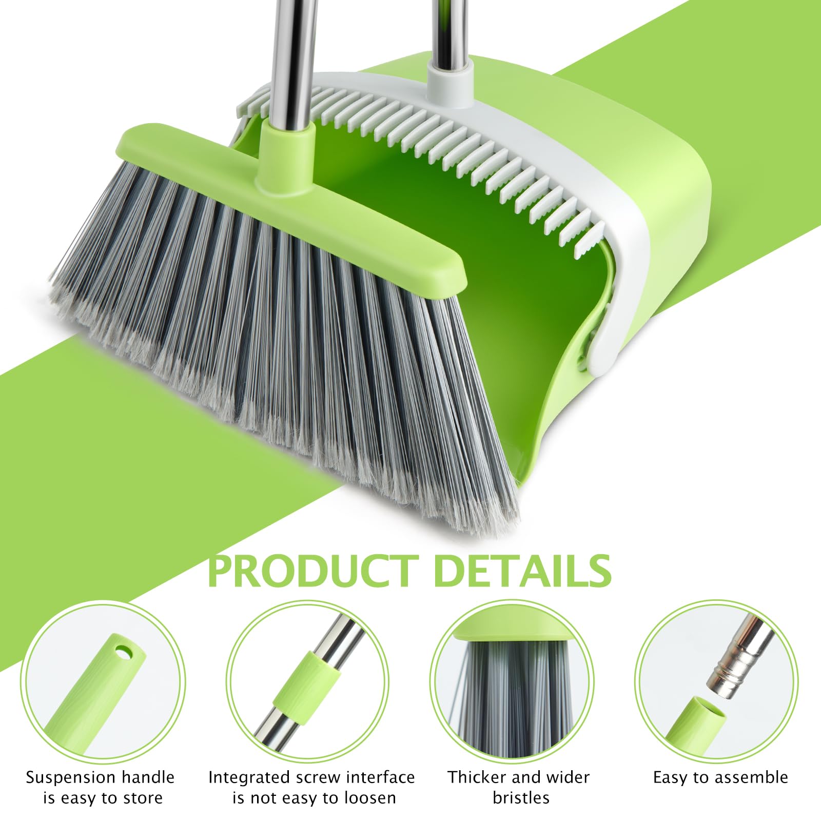 Broom and Dustpan Set with Long Handle, Heavy Dust Broom and Dustpan Combo for Home，Kitchen, Office, Pet Hair(Beige)