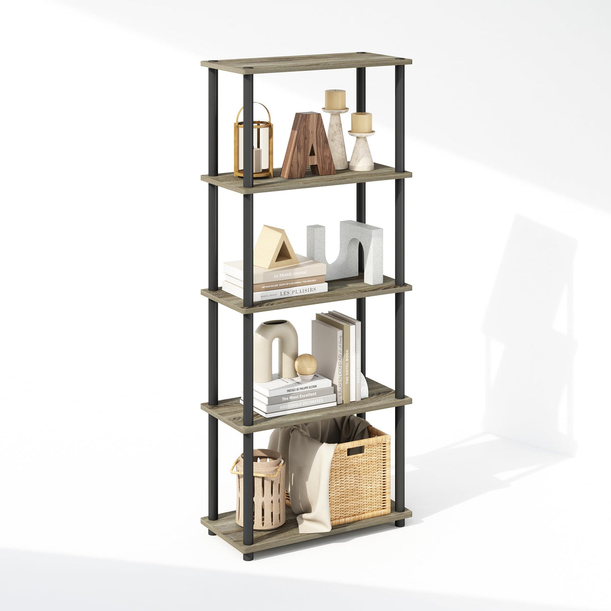 Furinno Turn-N-Tube Book Shelf, 4-Tier Bookshelf, Bookcase with Multipurpose Compact Display Rack, 11.6 x 23.6 x 43.2, for Living Room, Bedroom, Home Office, Americano/Black