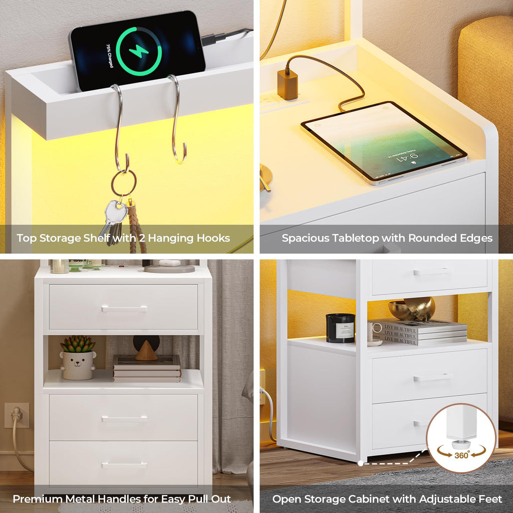 VIAGDO Led Nightstand with Charging Station, 3 Drawers Night Stands with Led Lights, Black Bedside Tables with Storage Shelves, Modern End Side Tables for Bedroom, Office