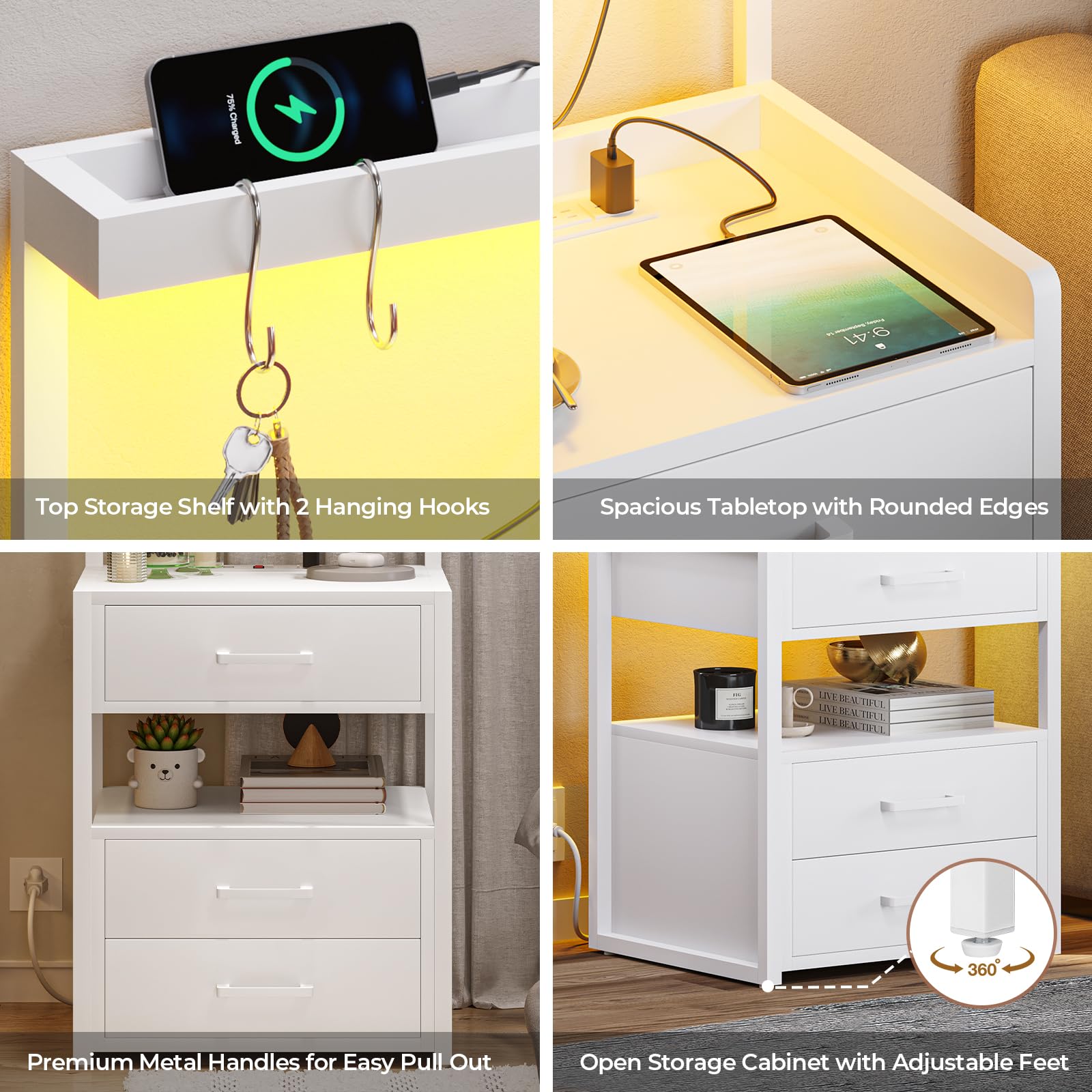 VIAGDO Led Nightstand with Charging Station, 3 Drawers Night Stands with Led Lights, Black Bedside Tables with Storage Shelves, Modern End Side Tables for Bedroom, Office