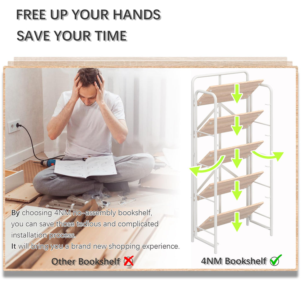 4NM No Assembly Folding Bookshelf, 3 Tiers Collapsible Book Shelves Open Industrial Foldable Storage Bookcase Shelf for Bedroom, Living Room, Home Office - Natural and White