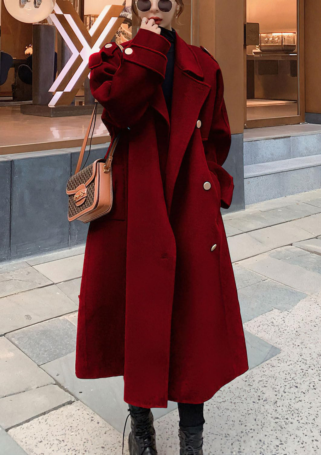 chouyatou Women's Winter Double Breasted Midi Long Wool Pea Coat Notch Lapel Winter Trench Coat